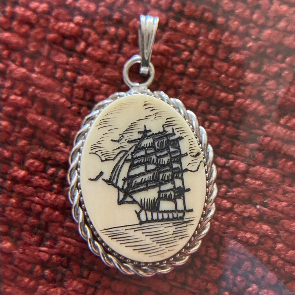 Vintage Scrimshaw Ship Pendant with Sterling Silver Frame